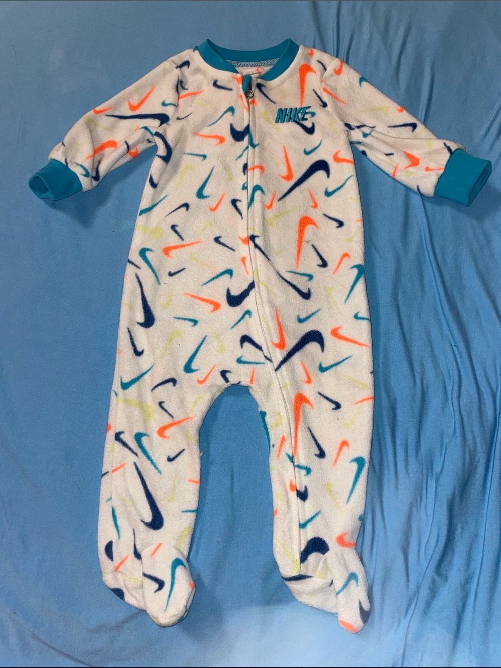 Nike Baby Fleece One-Piece Footed Sleepwear - White with Multicolor Swooshes